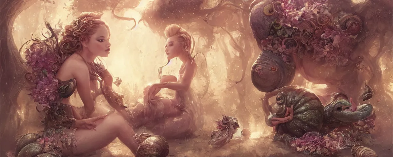 Prompt: a beautiful fairy with realistic facial features sitting next to a giant snail with sparkles, D&D, fantasy, intricate, cinematic lighting, highly detailed, digital painting, artstation, concept art, smooth, sharp focus, illustration, art by Terry Moore and Greg Rutkowski