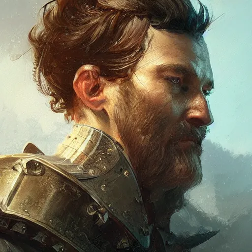 Prompt: Portrait of a middle aged knight with mutton chops, detailed face, fantasy, highly detailed, cinematic lighting, digital art painting by greg rutkowski