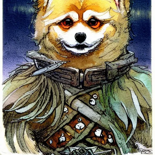 Prompt: a simple and atmospheric watercolour fantasy character concept art portrait of a robotic pomeranian as a druidic warrior wizard looking at the camera with an intelligent gaze, very muted colors, by rebecca guay, michael kaluta, charles vess and jean moebius giraud