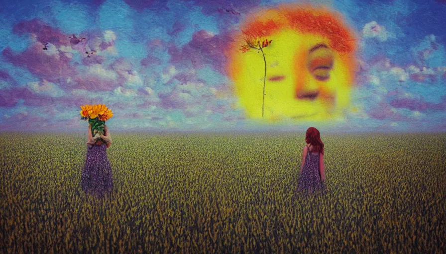 Image similar to flower face, full body, girl in empty wheat field, surreal photography, colorful clouds, tree, impressionist painting, colorful clouds, digital painting, pointillism, sunset, artstation, simon stalenhag