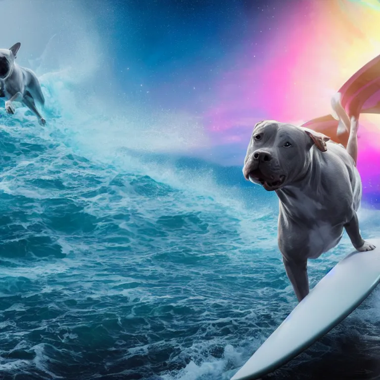 Prompt: photo of a female pit bull with a gray coat and white paws, surfing on a surfboard in a crashing wave of alien ocean in space, background is an alien galaxy, aliens in the background, alien colors, octane render, unreal engine, wide view, 8 k, high detaild