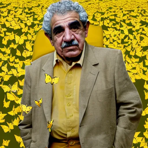 Prompt: Gabriel García Márquez surrounded by yellow butterflies, puntillism, high resolution