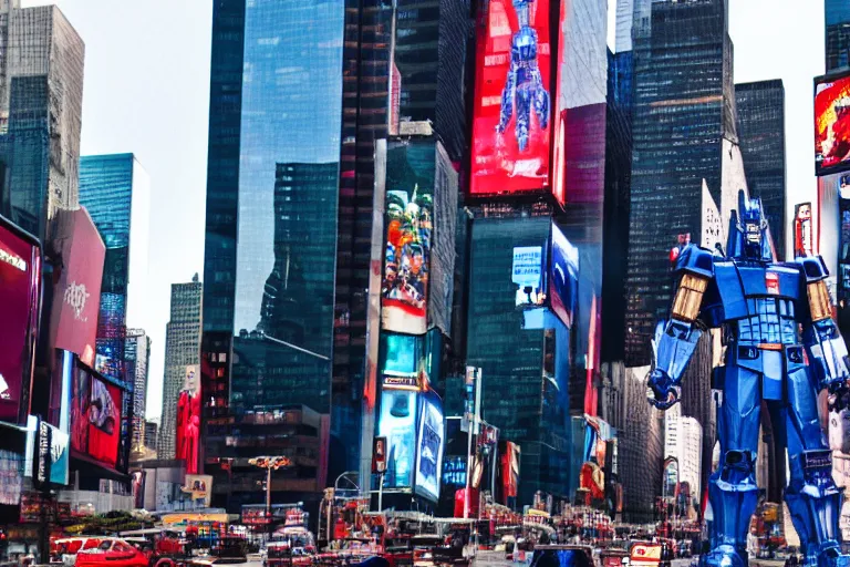 Image similar to optimus prime and godzilla in times square, cinestill, anamorphic lens