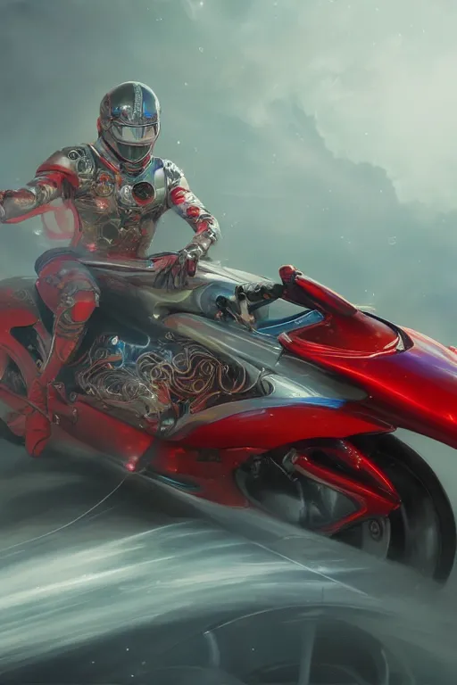 Prompt: Speed Racer, realistic and ultra intricate detailed soft painting, volumetric lighting, mist, chains and red fluid background, artstation, Tom Bagshaw Yasushi Nirasawa Moebius artstyle, unreal render, depth of field