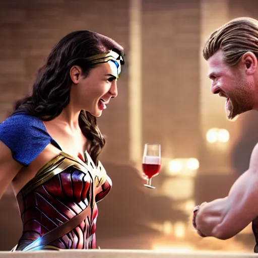 Prompt: cinematic film scene of wonder woman gal gadot and Thor Chris Hemsworth having a cocktail laughing, MCU, photo realistic, ultra detailed, trending on art station, concept art, hyper real, unreal engine render, 16k