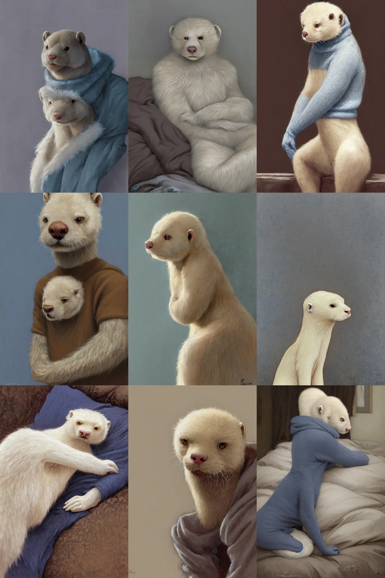 Prompt: Character portrait of a albino furry anthro brown otter wearing a blue sweater and grey sweatpants in the bedroom, intricate, elegant, highly detailed, digital painting, artstation, concept art, smooth, sharp focus, illustration, art by Krenz Cushart and Artem Demura and alphonse mucha