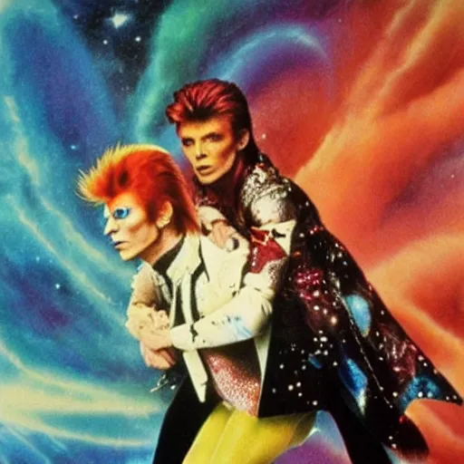 Prompt: david bowie giving a piggy back ride to ziggy stardust. glam rock. cosmic. disney. thomas kinkade.