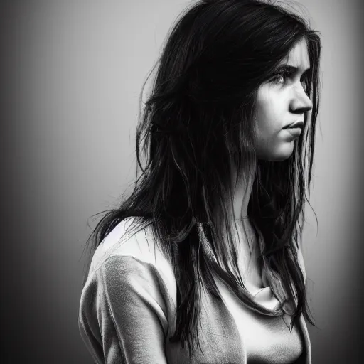 Image similar to masterpiece photo of a melancholic portrait of an aesthetic beautiful 30 years old woman, with mid long hair, canon 50mm, monochromatic, background blur, closer view, realistic!