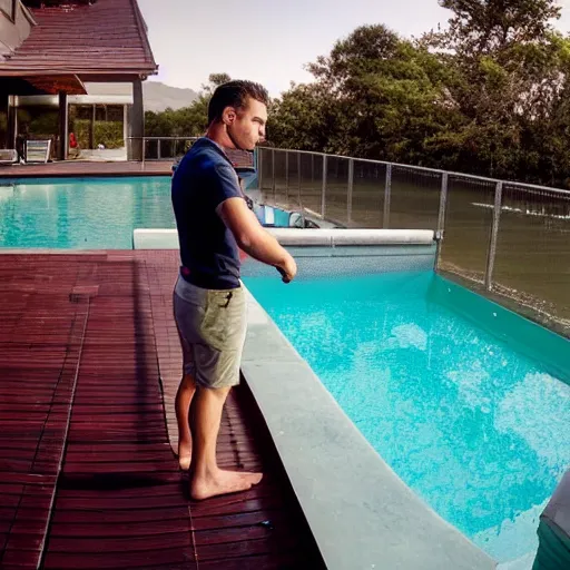 Prompt: gavin casalegno standing on a diving board above a pool, red weapon 8 k s 3 5, cooke anamorphic / i lenses, highly detailed, cinematic lighting