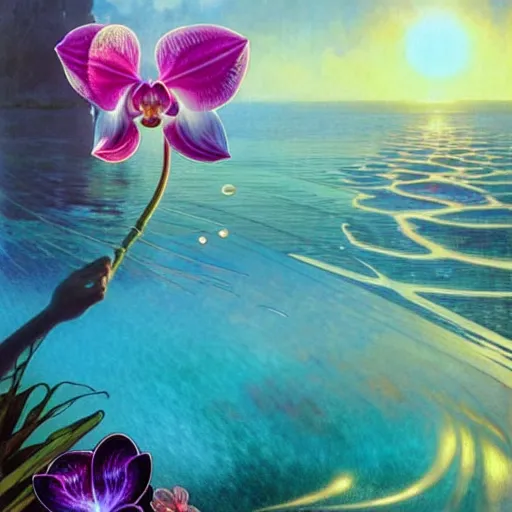 Image similar to detailed giant orchid flower surrounded by ocean wave, lsd water, ripples, transparent droplets, refracted backlit sunset, refracted lighting, art by collier, albert aublet, krenz cushart, artem demura, alphonse mucha