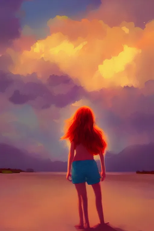 Image similar to a red haired young girl beach surreal photography, sunrise, dramatic light, impressionist painting, colorful clouds, digital painting, artstation, simon stalenhag