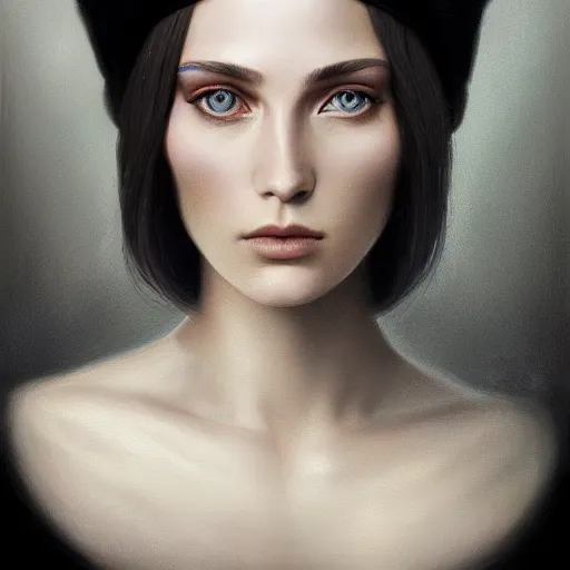 Image similar to tom bagshaw portrait, beautiful portrait of a woman with angel eyes in a suit, hair under a baseball cap, professionally retouched, focus eyes, ultra realistic soft painting, insanely detailed linework, symmetrical accurate intricate features, behance, 8 k