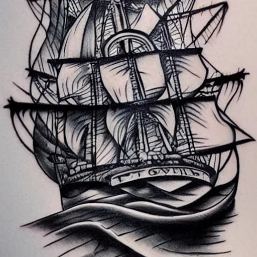 Image similar to a pirate ship sailing in the sea, realism tattoo design, white background, by Matteo Pasqualin tattoo artist