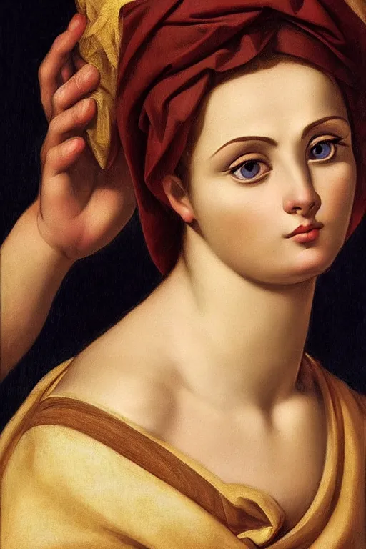 Image similar to beautiful woman, scared face, closeup, dressed in roman clothes, ultra detailed, art by Guido Reni style