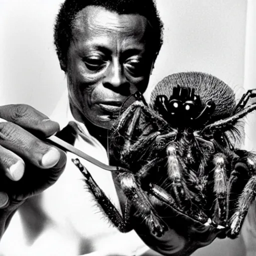 Image similar to miles davis petting a giant hairy spider with big eyes