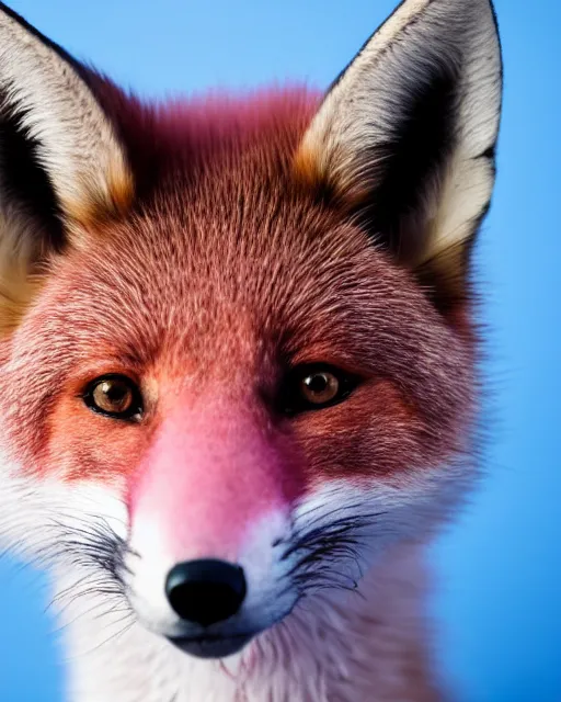 Prompt: pink fox, portrait, blue background, 8 k, 8 5 mm f 1. 8