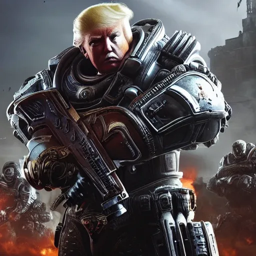 Image similar to Photo portrait of Donald Trump as Crusader!! in Gears of War, splash art, movie still, detailed face, photorealistic facial features, cinematic lighting, dramatic, octane render, long lens, shallow depth of field, bokeh, anamorphic lens flare, 8k, hyper detailed, 35mm film grain