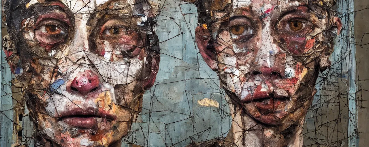 Prompt: a painted portrait a very ordinary person, by Rebecca Crowell, Tiziana Mazziotto, Anselm Kiefer, K.K. Hebbar, Jill Peters, Peter Vahlefeld, Minoru Onoda, Scaffolding, rusted metal, decay, mixed media, textured, anatomically correct, beautiful perfect face, sharp focus, Highly Detailed