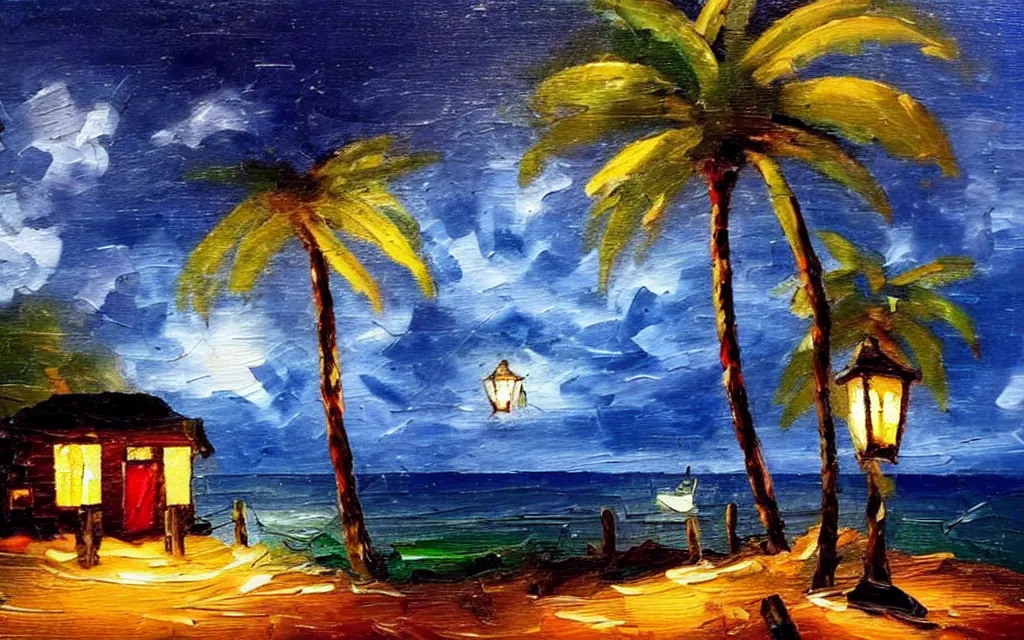 Image similar to a very very small island! cute cozy large cottage!! and lanterns!!!, palm trees, dark very late evening cloudy, dramatic and dynamic lighting, thick brush strokes oil impasto painting