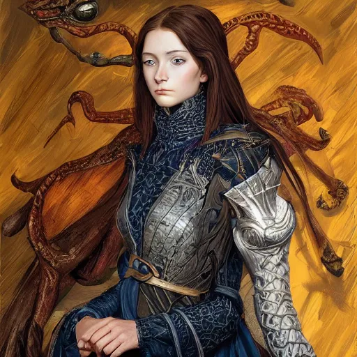 Prompt: high quality high detail portrait of a young gorgeous female warlock looking away from the camera, detailed eyes, no hands visiblefantasy, d & d, painting by lucian freud and mark brooks, hd