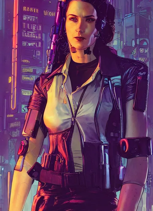 Image similar to cyberpunk police detective. portrait by mœbius and will eisner and gil elvgren and pixar. realistic proportions. cyberpunk 2 0 7 7, apex, blade runner 2 0 4 9 concept art. cel shading. attractive face. thick lines.