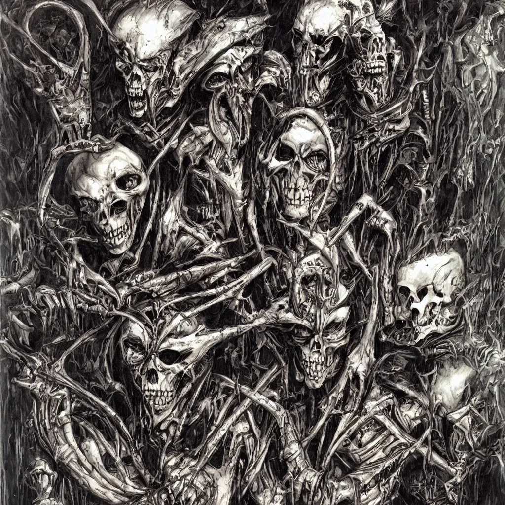 Prompt: judge death and vic rattlehead by simon bisley and h.r. giger