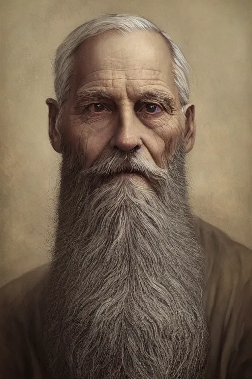 Image similar to a stunning ultra realistic fine art painting of a content old man with a long gray beard, peaceful and graceful, by tom bagshaw, studio portrait, muted colors, melancholic, catchlight in the eyes, 4K