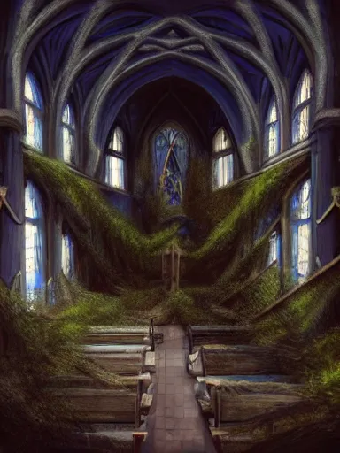 Image similar to interior of an overgrown church, blue color palette, concept art, detailed, intricate complexity, artstation