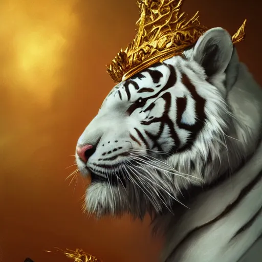Prompt: artwork of a white tiger king with gold crown and blue king suit, concept art, super detailed, 4 k hd, trending on artstation, digital painted, low contrast, made by greg rutkowski and viktoria gavrilenko, intricate art