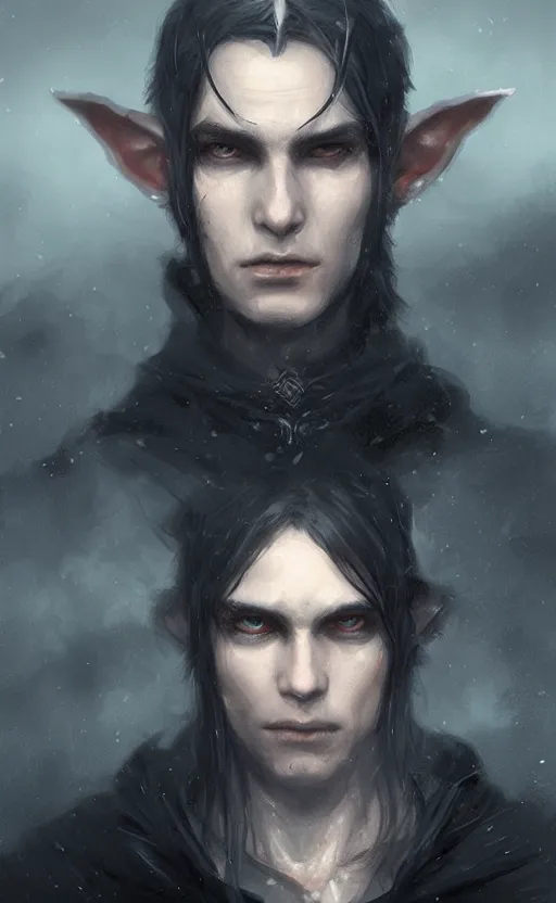 Image similar to Portrait of an elf in a black cloak, black hair, glowing eyes, male, detailed face, fantasy, highly detailed, cinematic lighting, digital art painting by greg rutkowski