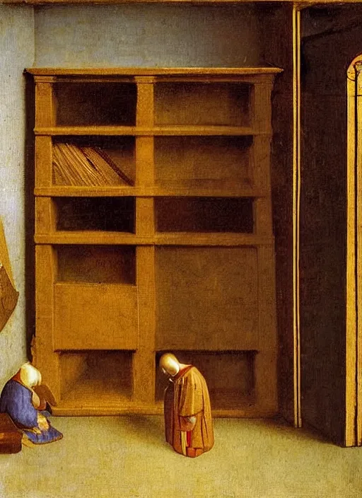 Image similar to bookshelf with children toys, medieval painting by jan van eyck, johannes vermeer, florence