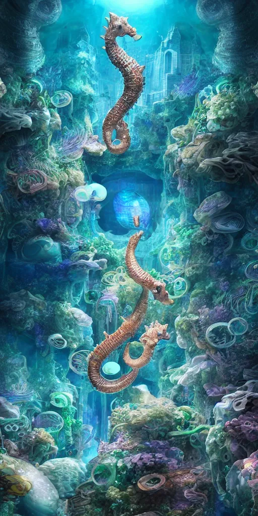 Prompt: mythical dreamy organic translucent bio-mechanical overpopulated underwater beautiful city of Atlantis with seahorses, highly detailed, intricate crystal jelly ornate, poetic, 3D render, digital art, octane render, 8K artistic photography, photo-realistic, by Dora Maar