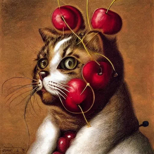 Image similar to a cat head made out of cherries by giuseppe arcimboldo, oil on canvas