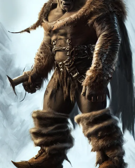 Image similar to A full body shot of a handsome orc looking into the camera wearing a leather fur jacket and boots, full body shot, detailed face, artstation, realistic, highly detailed, symmetrical, hyper realistic, dynamic pose, high detail, octane render, unreal engine, 8k, fantasy art, highly detailed, concept art