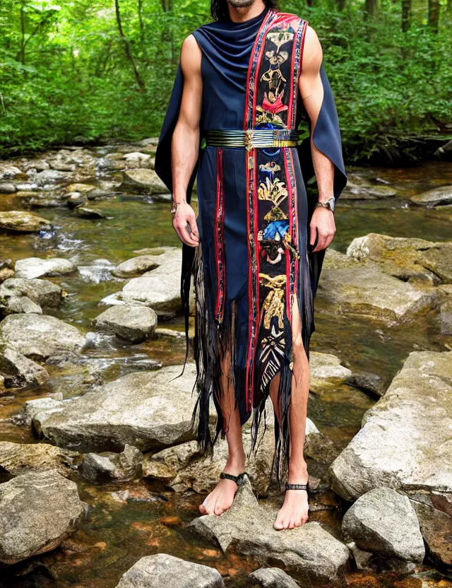 Prompt: full body shot longshot modern intricate textile ancient roman toga cloak lean native american chiseled chin walking along the small creek in the woods marc jacobs gucci black blue gold