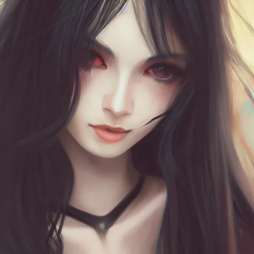 Prompt: close-up of a catgirl with long black hair. Digital art, by wlop
