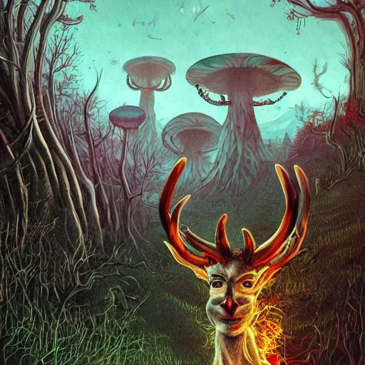 Image similar to 4 k headshot portrait of a psychedelic demonic anthropomorphic deer - horned wendigo smoking a hand - rolled cigarette smoking heavily, magic mushroom village in background. award winning. superb resolution. in the art style of junji ito and greg rutkowski. detailed mushroom city in background. hyper realistic anime. perfect art. dalle 2