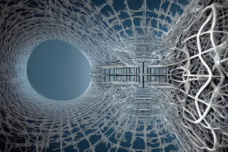 Prompt: a ship moving through a complex organic fractal 3 d ceramic metallic megastructure skyscraper, cinematic shot