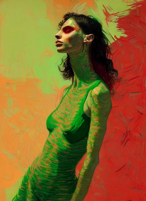 Image similar to portrait of yael shelbia, sensual, ecstatic, dancing, shades green and red, beautiful face, rule of thirds, intricate outfit, spotlight, by greg rutkowski, by jeremy mann, by francoise nielly, by van gogh, digital painting