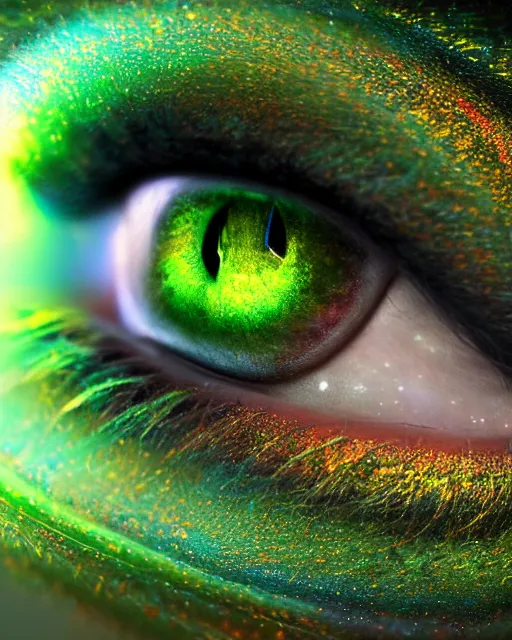 Image similar to hyper realistic photo of beautiful green eyes reflecting a sky full of a billion stars, hyper realistic, fractalart, art stati on, coherent design, symmetrical, vivid color, complementary color, golden ratio, detailed, sharp lines, intricate, rainbow shift, in unreal 3 d engine, nvidia optix, ray tracing, octane render