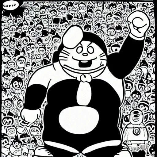 Prompt: ! dream a fat man wearing rock costume singing aloud on the stage, black and white, manga, doraemon by fujiko f fujio,