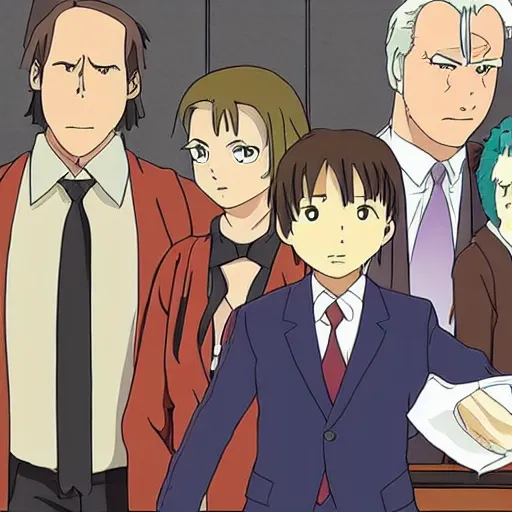 Prompt: Saul Goodman in a courtroom, anime, movie, by studio ghibli