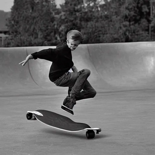Prompt: Stephan Hawking on a skateboard, at a skatepark, historical photo, photorealistic
