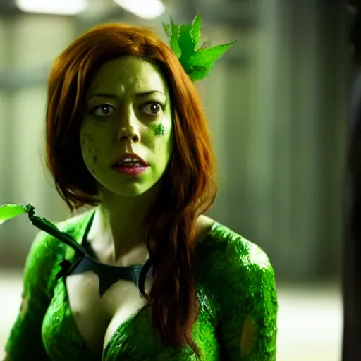 Image similar to film still of !!!Aubrey Plaza!!! as Poison Ivy in The Dark Knight, !!green skin!!, 4k