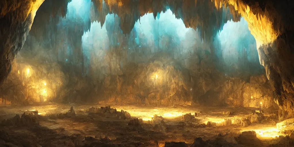 Image similar to beautiful matte painting of a cave with glowing crystals on the walls and bone piles on the floor, fantasy, sharp focus, artstation