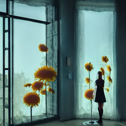 Image similar to giant daisy flower head, woman standing next to modern window in luxury loft, surreal photography, sunlight, impressionist painting, digital painting, artstation, simon stalenhag