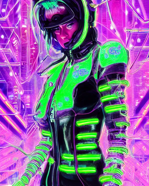 Image similar to detailed portrait Neon Operator Girl, cyberpunk futuristic neon, reflective catsuit, decorated with traditional Japanese ornaments by Ismail inceoglu dragan bibin hans thoma !dream detailed portrait Neon Operator Girl, cyberpunk futuristic neon, reflective puffy coat, decorated with traditional Japanese ornaments by Ismail inceoglu dragan bibin hans thoma greg rutkowski Alexandros Pyromallis Nekro Rene Maritte Illustrated, Perfect face, fine details, realistic shaded, fine-face, pretty face