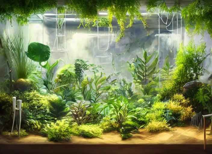 Image similar to clean neat clarity professional visual development set design, messy cozy store with hanging cages and bright aquariums, ferns and foliage, dim painterly lighting volumetric aquatics, impasto, trending on pixiv