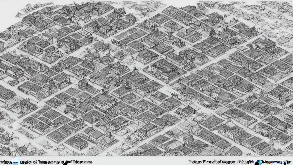 Prompt: photocopy tangential isometric mortgage village / city setting