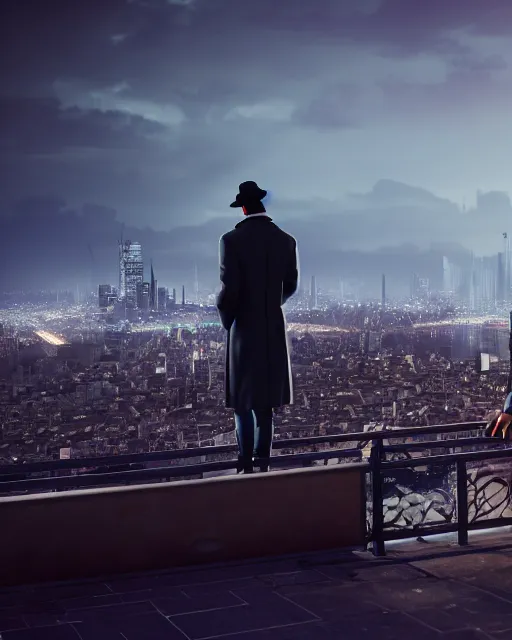 Prompt: a night rooftop scene, close up shot of a photorealistic gangster wearing a trench coat looking at the city below, unreal engine, hyper realism, realistic shading, realistic lighting